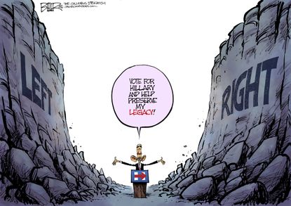 Political cartoon U.S. 2016 election Hillary Clinton President Obama legacy