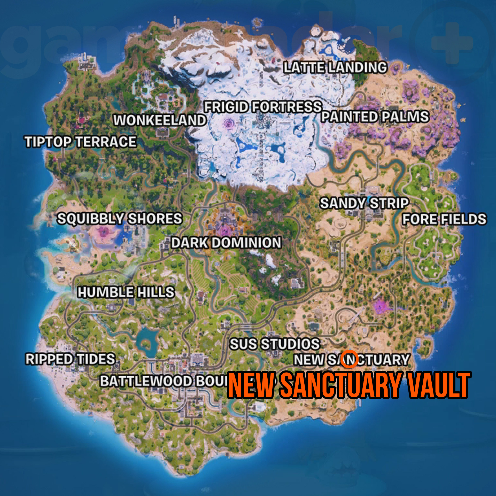 Map showing the Fortnite New Sanctuary vault location
