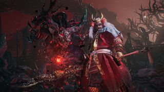 Warlord Shingen Takeda in Nioh 3, accompanied by a horned demon.