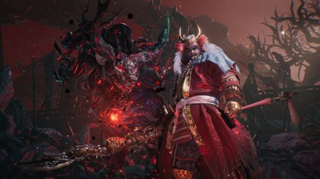 Warlord Shingen Takeda in Nioh 3, accompanied by a horned demon.