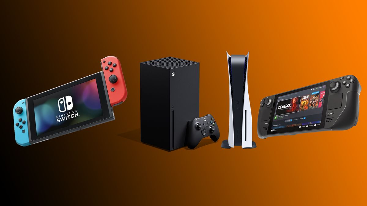 A Nintendo Switch, Xbox Series X, PlayStation 5 and a steam deck on a gradient background. 