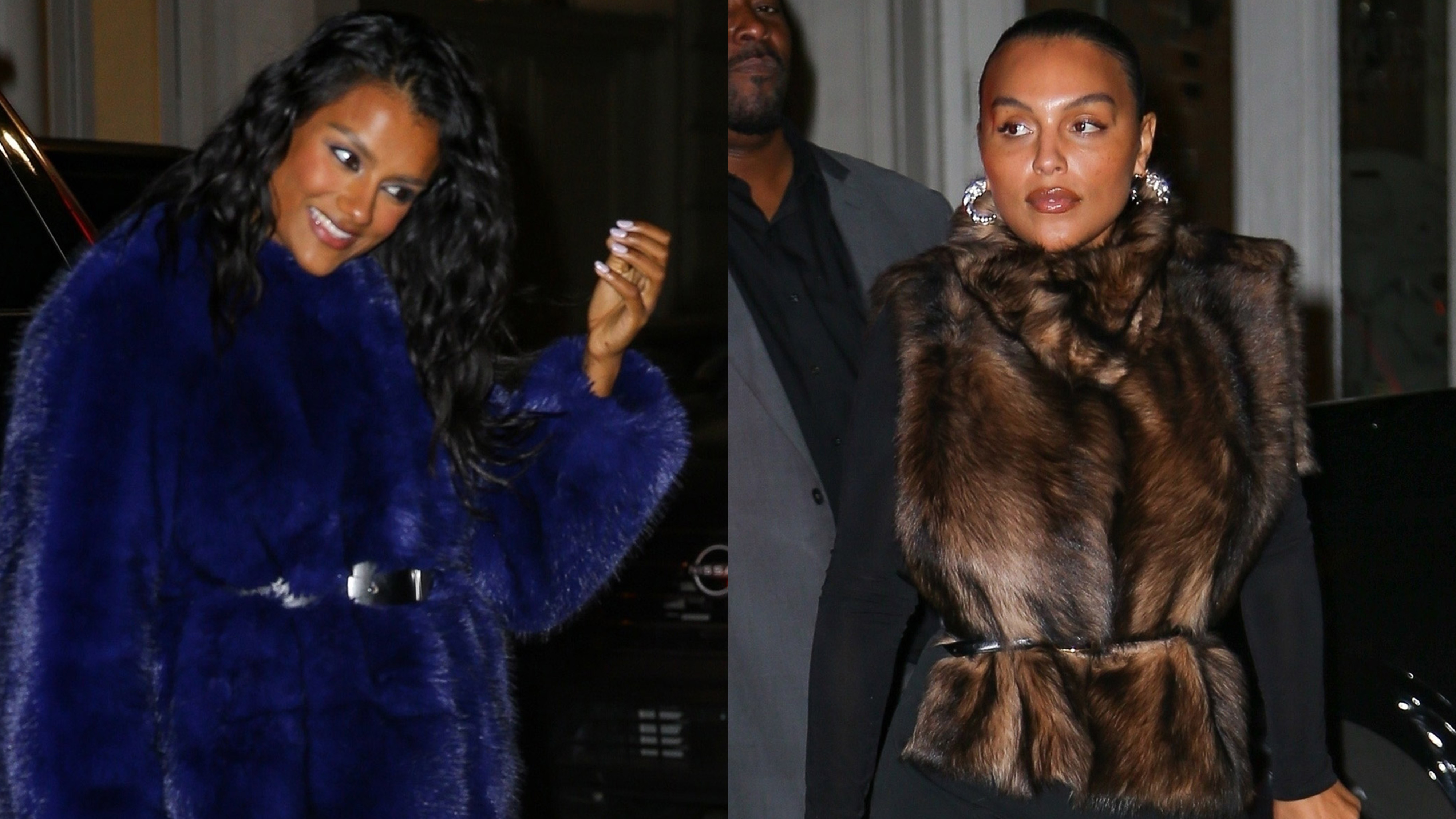 Paloma Elsesser and Simone Ashley wearing fur coats with belts at the Mango party in New York City.