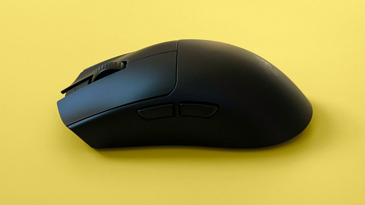 The Razer Viper V3 Pro mouse against a yellow background.