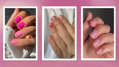 On the left, a close up of a hand with gradients pink nails, alongside a hand with heart Valentine's Day nails, and finally a picture of a hand with sheer, glossy pink nail varnish by nail artists @gel.bymegan and @matejanova/ Mateja Novakovic/ in a pink and purple gradients template