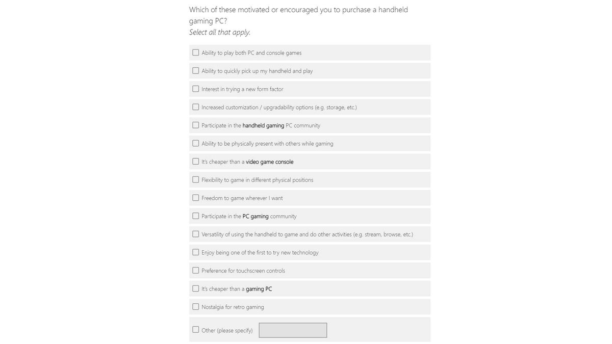 Microsoft gaming handheld survey: motivations for gaming handheld purchase.