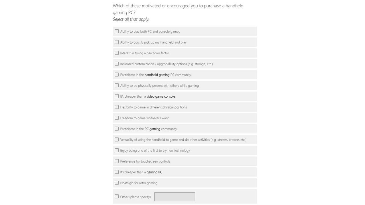 Microsoft gaming handheld survey: motivations for gaming handheld purchase.