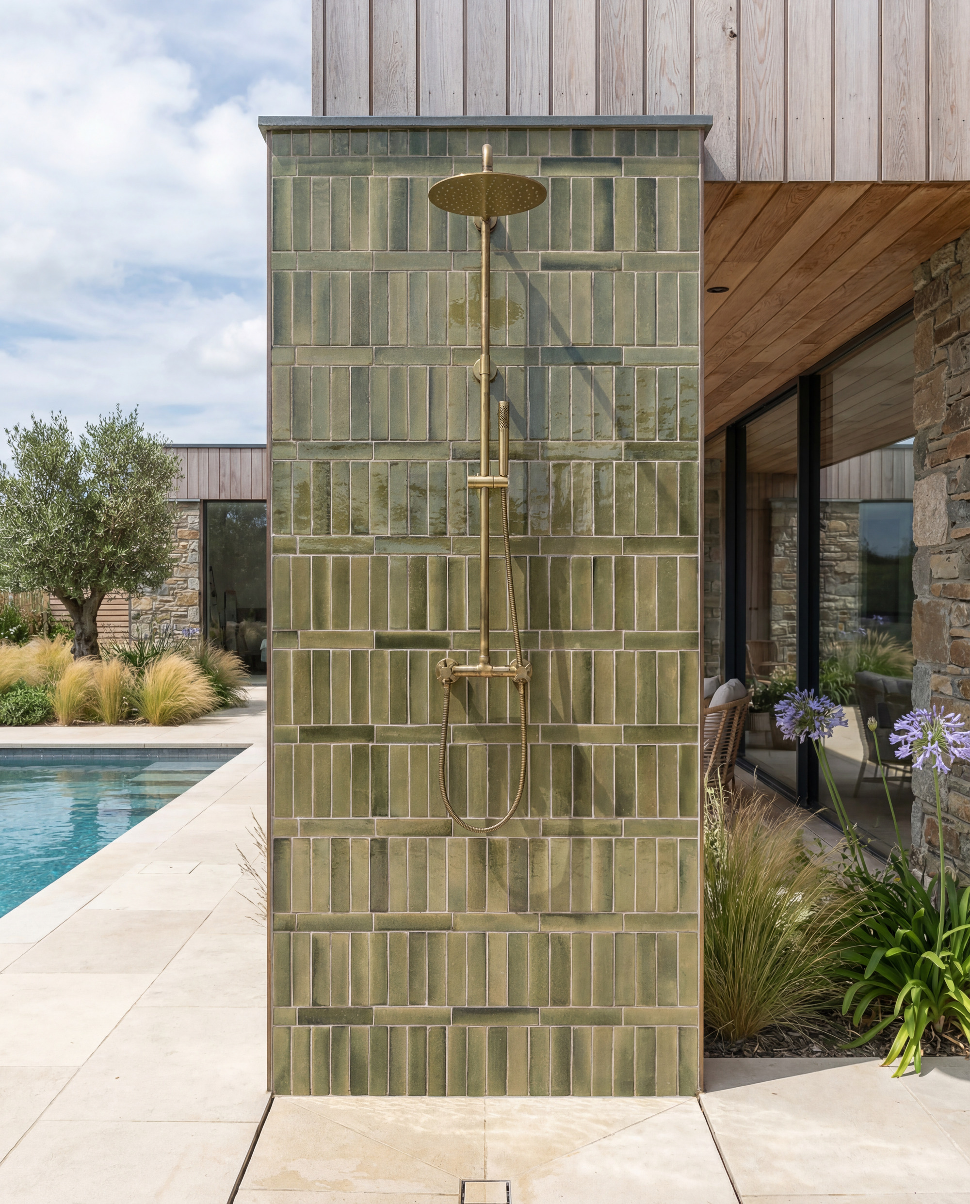 outdoor shower next to pool with green tiles by Ca' Pietra and brass shower with agapanthus