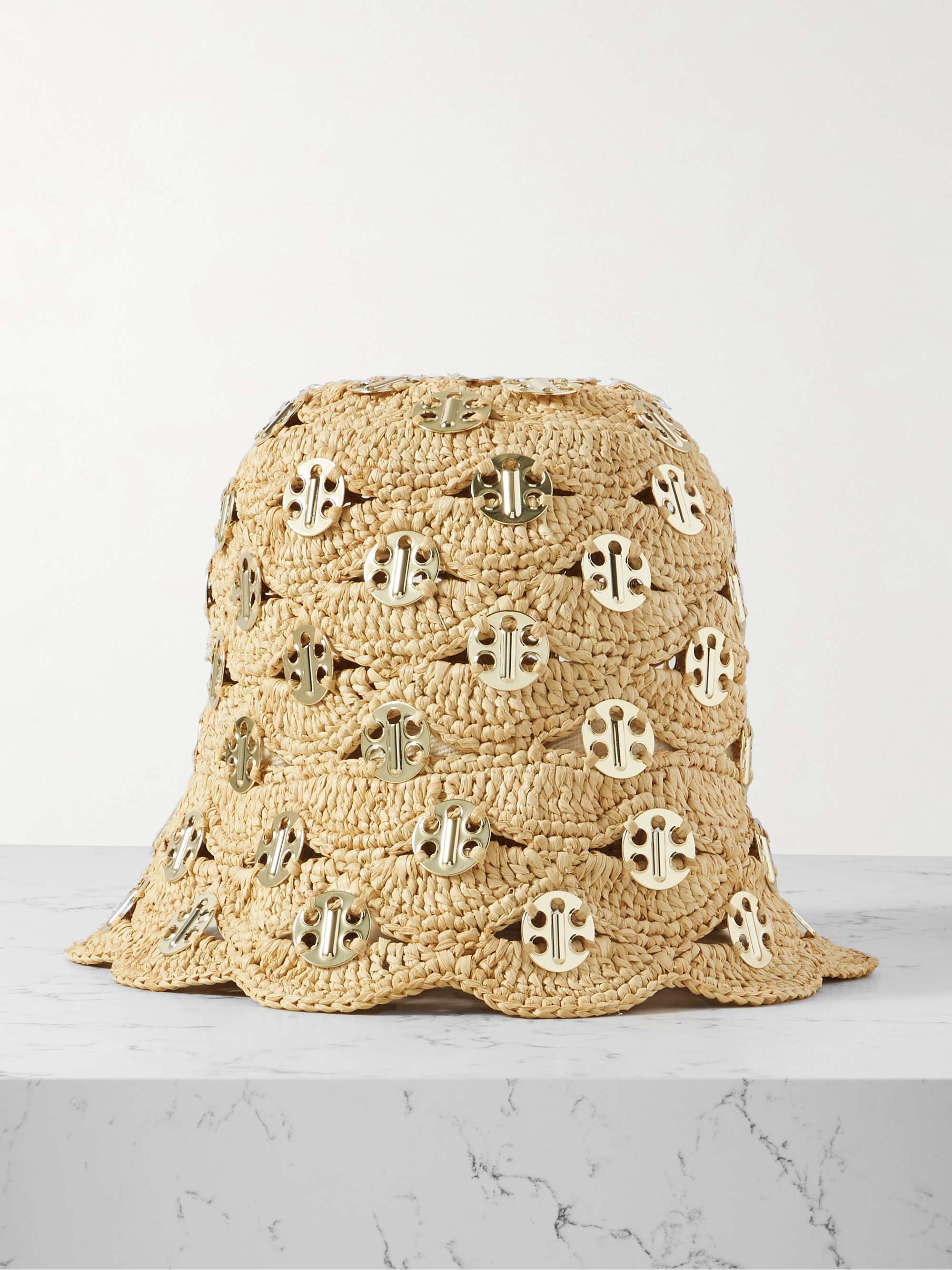 Embellished Scalloped Crocheted Raffia Bucket Hat