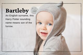 Unique baby names illustrated by an image of a baby boy wearing a cardigan with a hood and ears