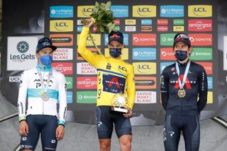 LES GETS FRANCE JUNE 06 Alexey Lutsenko of Kazahkstan and Team Astana Premier Tech Richie Porte of Australia Yellow Leader Jersey Geraint Thomas of The United Kingdom and Team INEOS Grenadiers celebrate at podium during the 73rd Critrium du Dauphin 2021 Stage 8 a 147km stage from La LchreLesBains to Les Gets 1160m UCIworldtour Dauphin dauphine on June 06 2021 in Les Gets France Photo by Bas CzerwinskiGetty Images