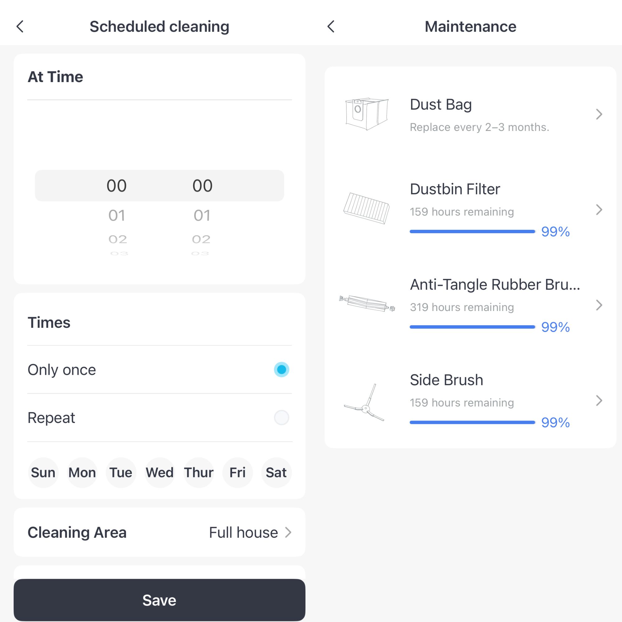 App screenshots of the SwitchBot K11+ Robot Vacuum Cleaner with Mop