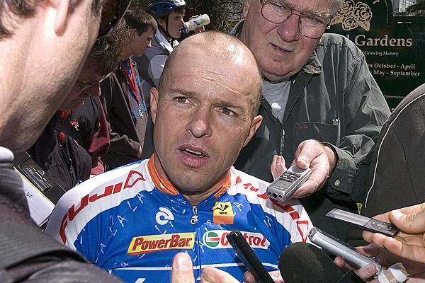 Forty-year old Estonian Jaan Kirsipuu (Le Tua) chats with tour media after his stage one victory in Ballarat.