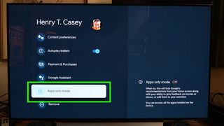 Apps only mode is highlighted on the Chromecast with Google TV Account menu