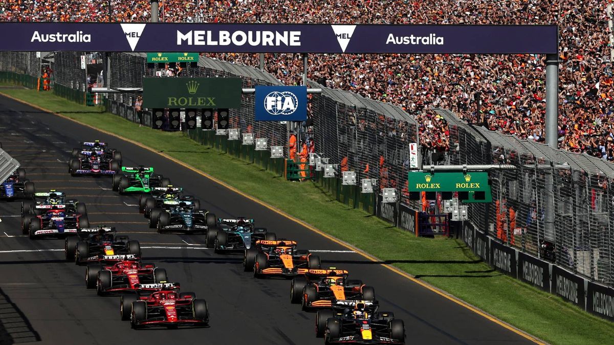 Cars lining up at the start line of the 2024 Australian Grand Prix.