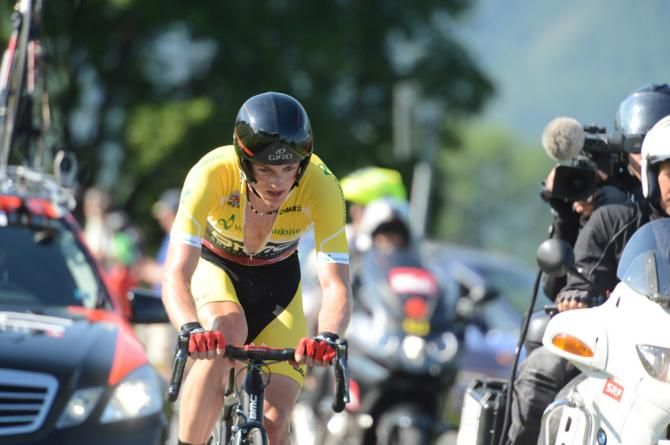 Overnight race leader Mathias Frank (BMC) in action in the final stage time trial at the Tour de Suisse.