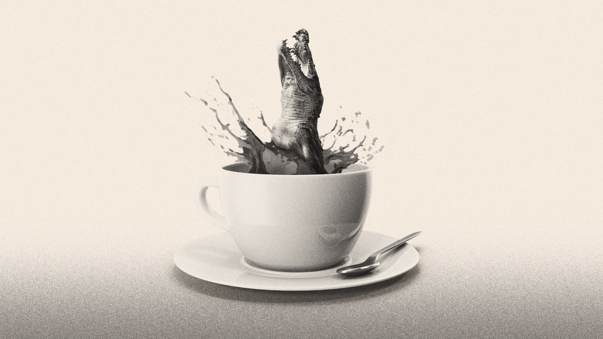 Illustration of a crocodile leaping out of a cup of tea