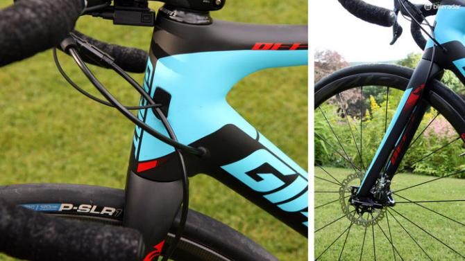 Up front is Giant's OverDrive 2 1 1/4-to-1 1/2in tapered steerer tube. The front disc brake hose is routed up the back of the fork blade