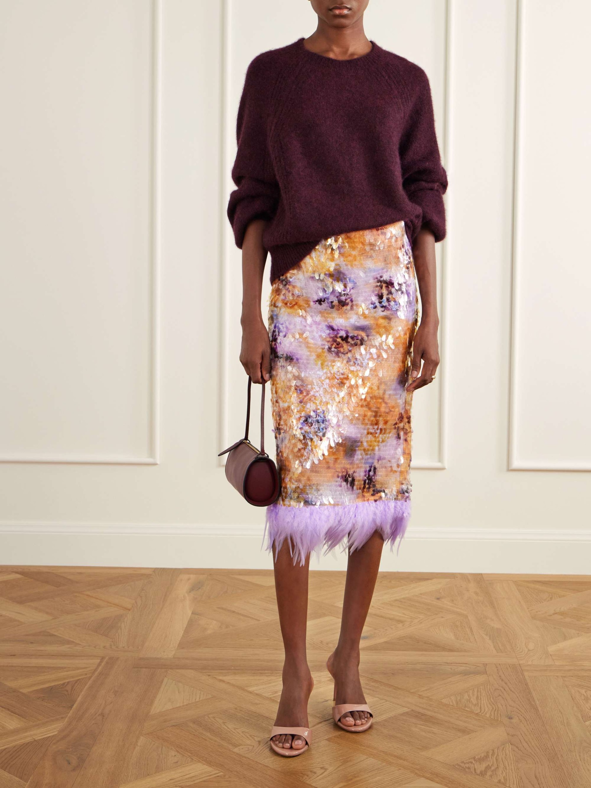 Lark Sequin-Embellished Feather-Trimmed Mesh Midi Skirt