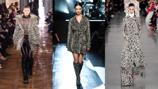 A composite of models on the runway wearing coat trends 2022 leopard print