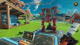 Lightyear Frontier - a red mech stands on an upgrade platform while a player looks at a screen