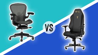Office chair vs gaming chair on a blue and cyan background