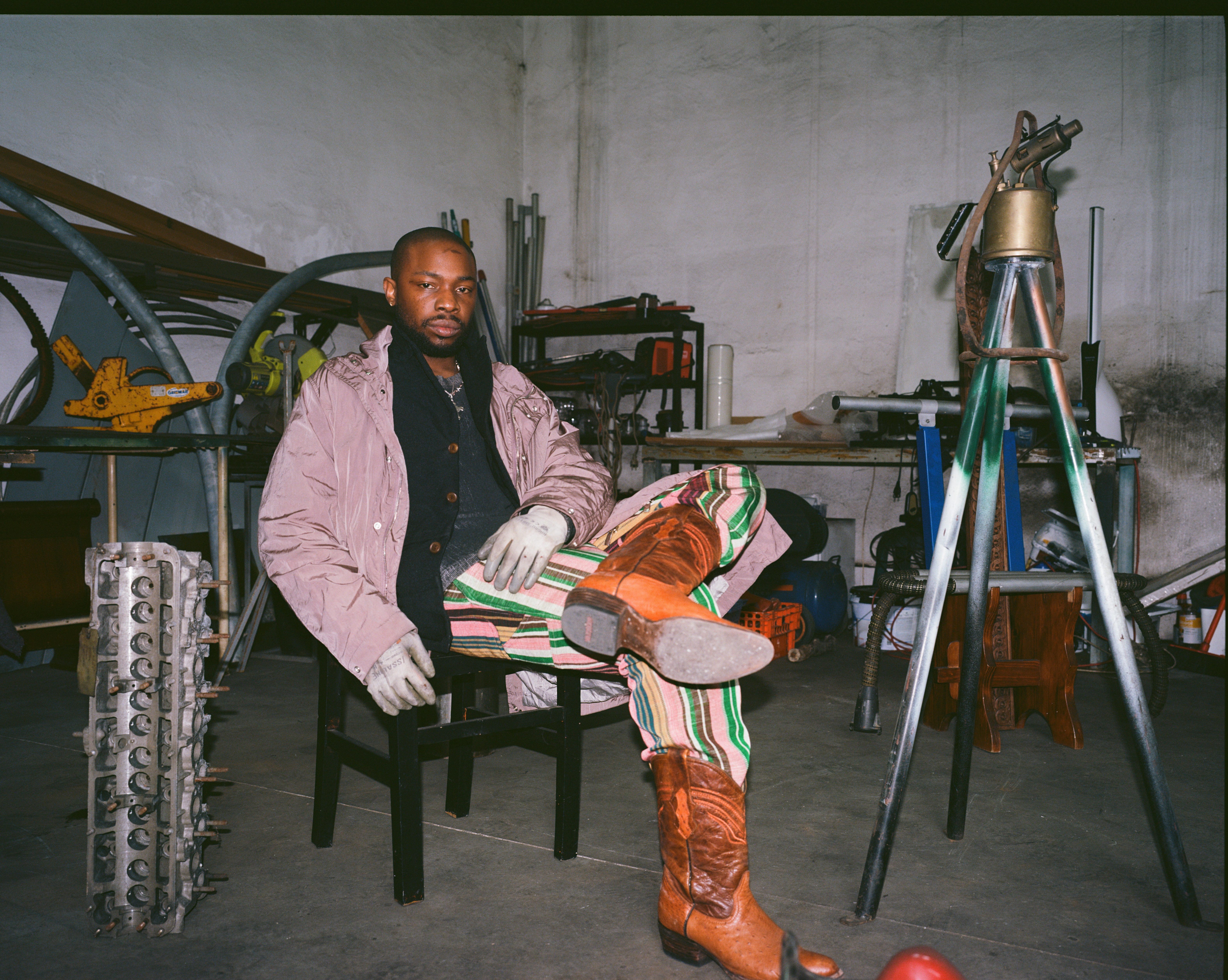 Dozie Kanu tables for Knoll with leather fringes