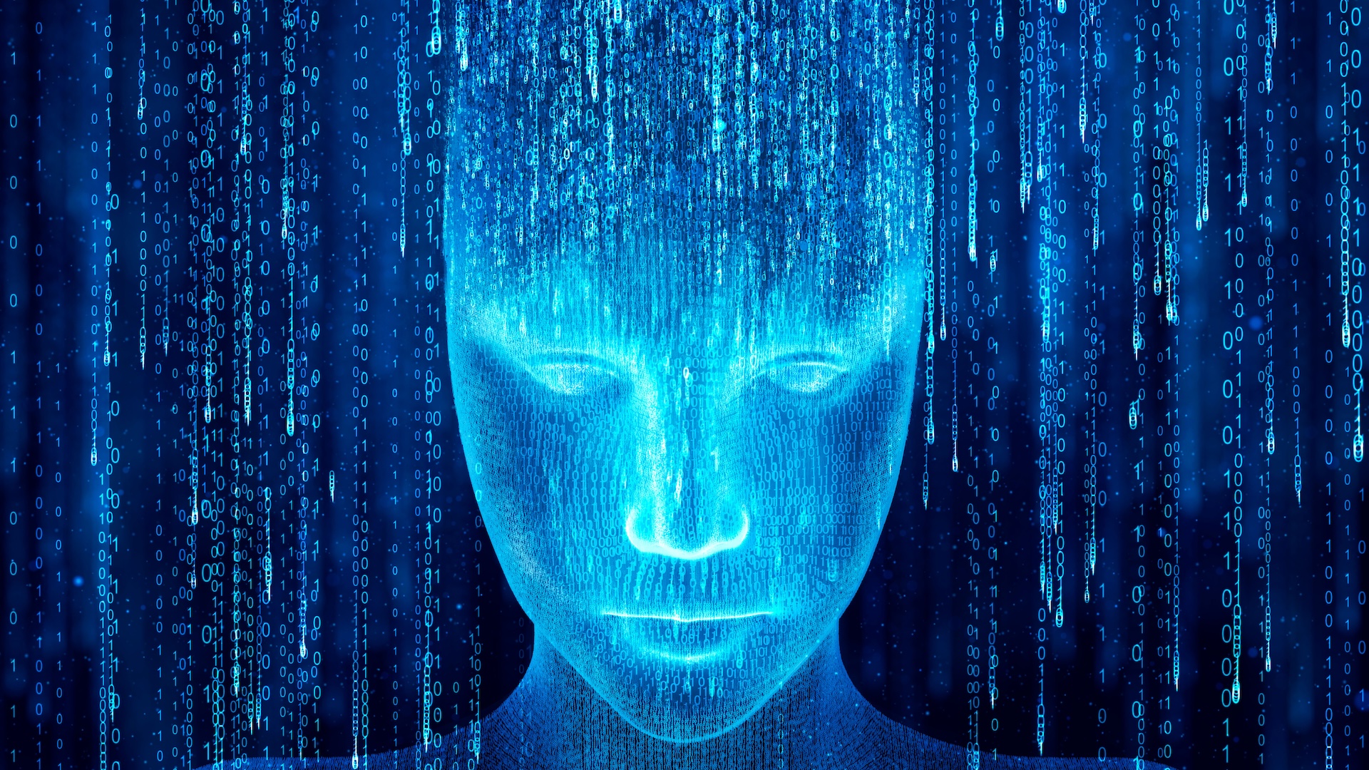A digital illustration of a face formed by pixelated binary code