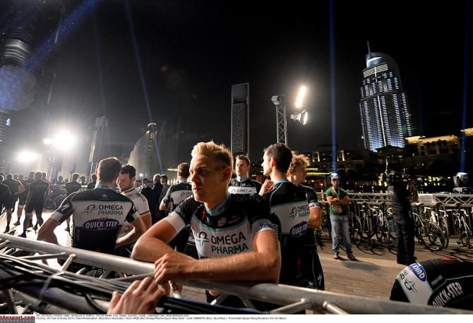 The Omega Pharma riders wait to head on stage