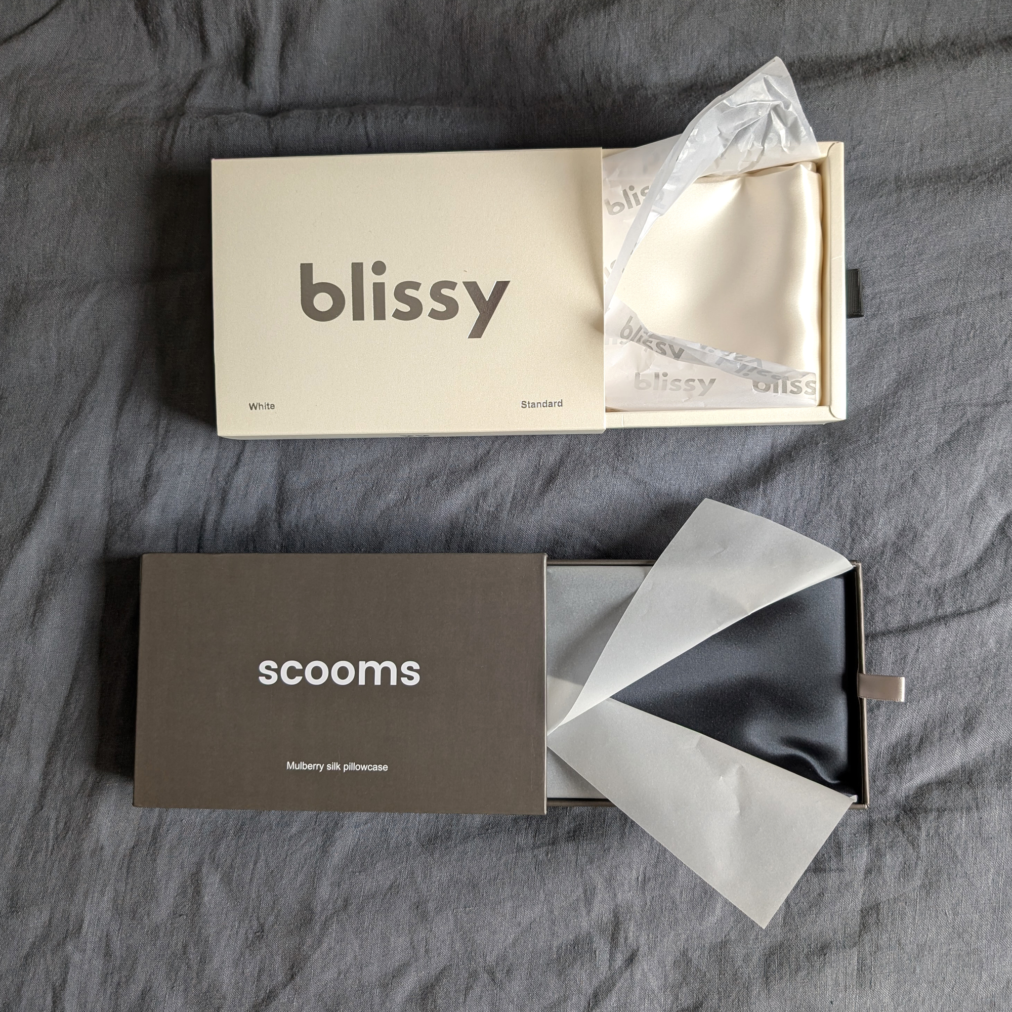 The blissy and scooms silk pillowcases in their gift boxes