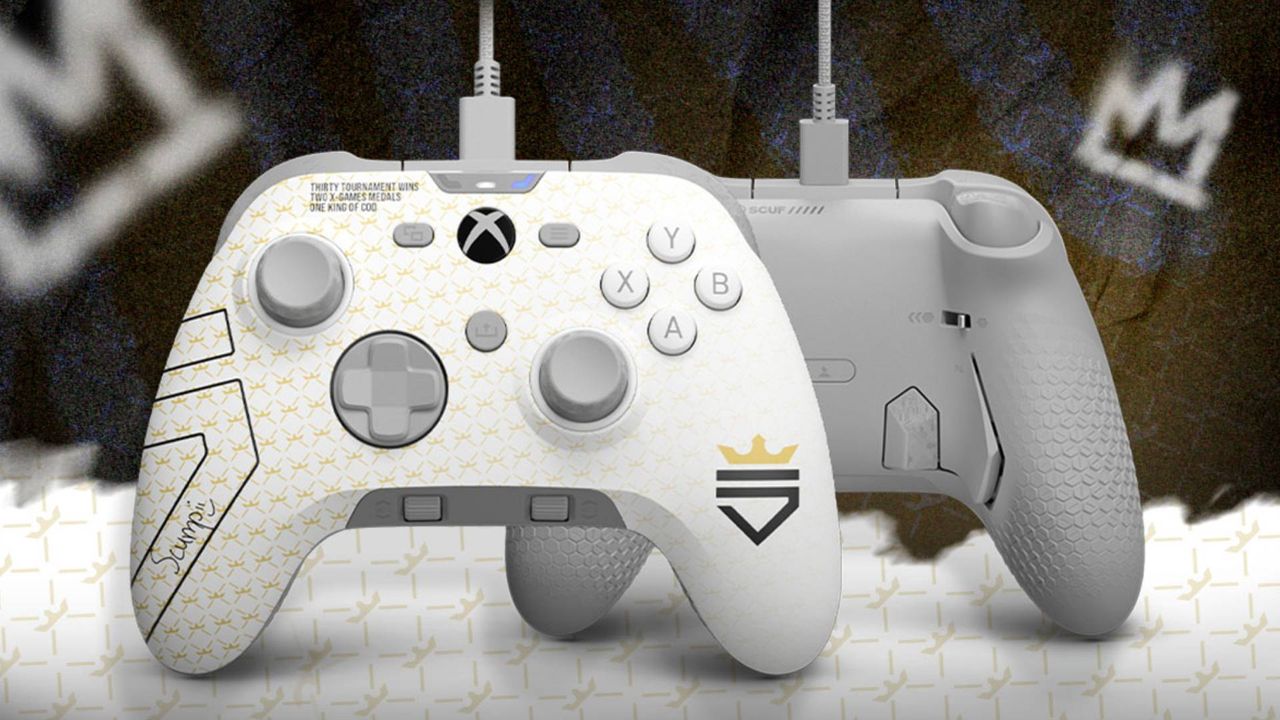 Scuff Valor Pro Scump edition in white with logo on left grip.