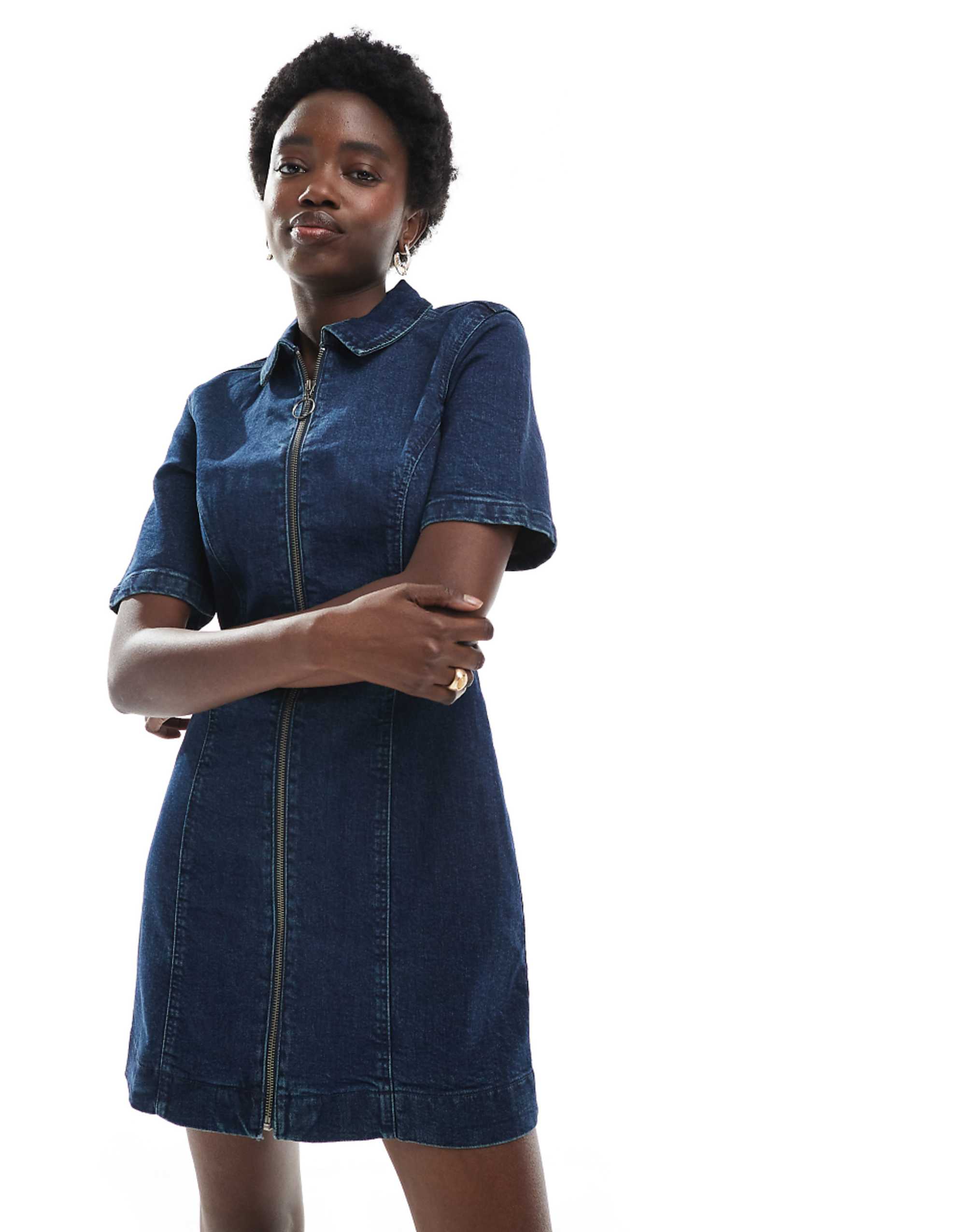 Asos Design Denim Short Sleeve Mini Dress With Zip Through in Darkwash