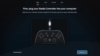 The Stadia Controller firmware browser tool: "Plug your Stadia controller into your computer" instructions