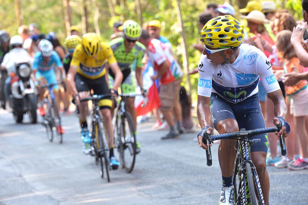 Nairo Quintana checks behind while attacking Chris Froome.