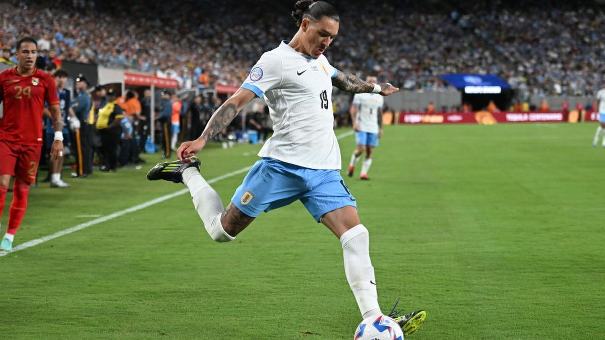 Darwin Nunez #19 of Uruguay crosses the ball during a Copa America 2024 Group C match between Bolivia and Uruguay ahead of Uruguay vs Brazil