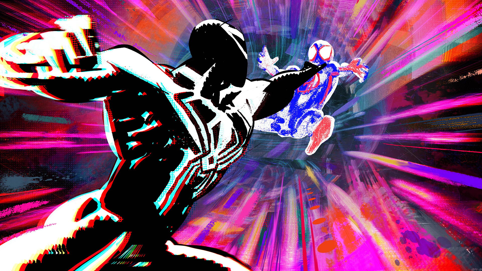 A stylized shot of Miguel O'Hara grabbing Miles Morales in Spider-Man: Beyond the Spider-Verse