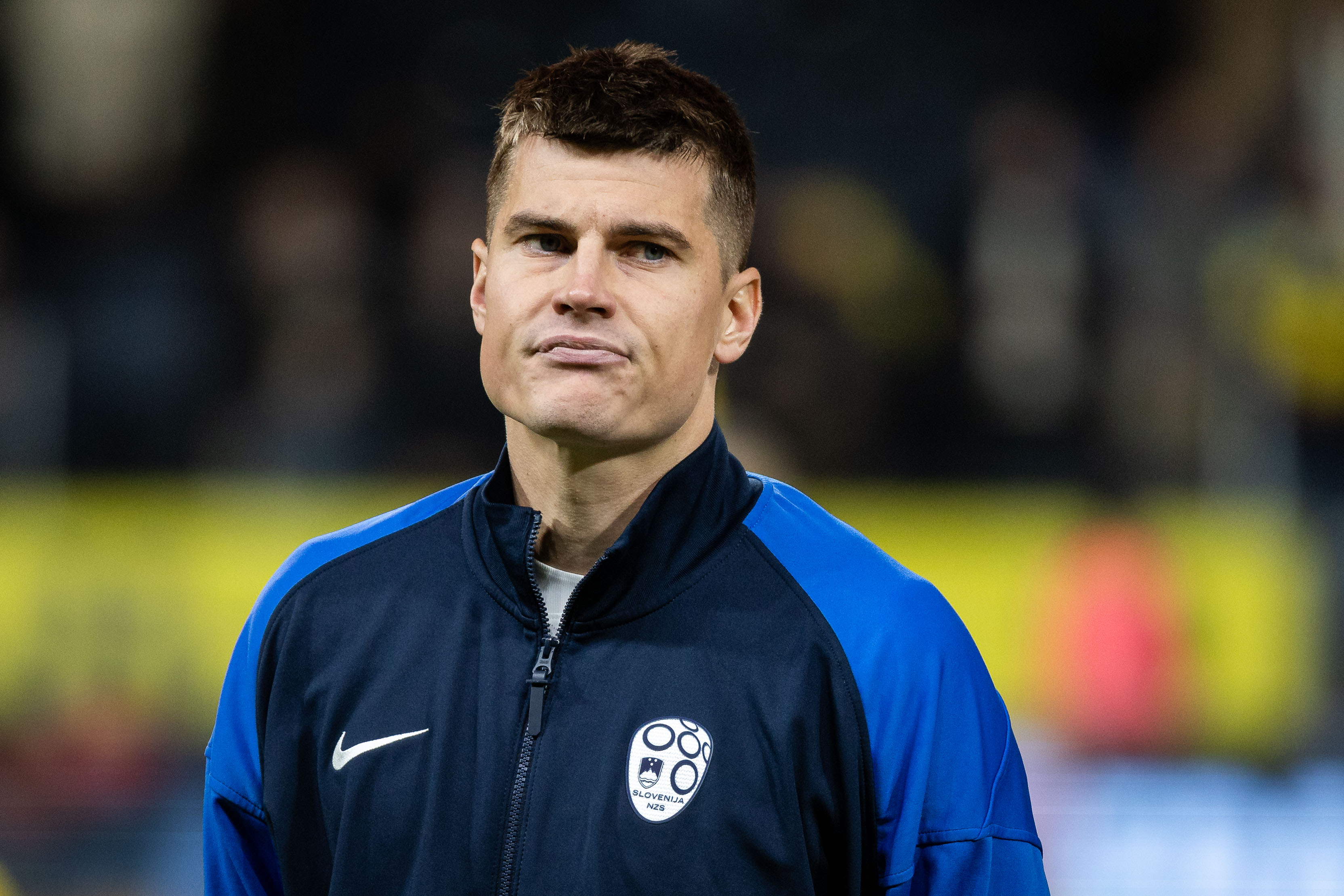 SOLNA, SWEDEN - NOVEMBER 18: Jaka Bijol of Slovenia during the FIFA World Cup 2026 qualifier match between Sweden and Slovenia at Strawberry Arena on November 18, 2025 in Solna, Sweden. (Photo by Michael Campanella/Getty Images)