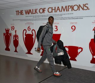 Trey Nyoni of Liverpool arrives for the Premier League match between Liverpool FC and Brentford FC at Anfield on November 12, 2023 in Liverpool, England.