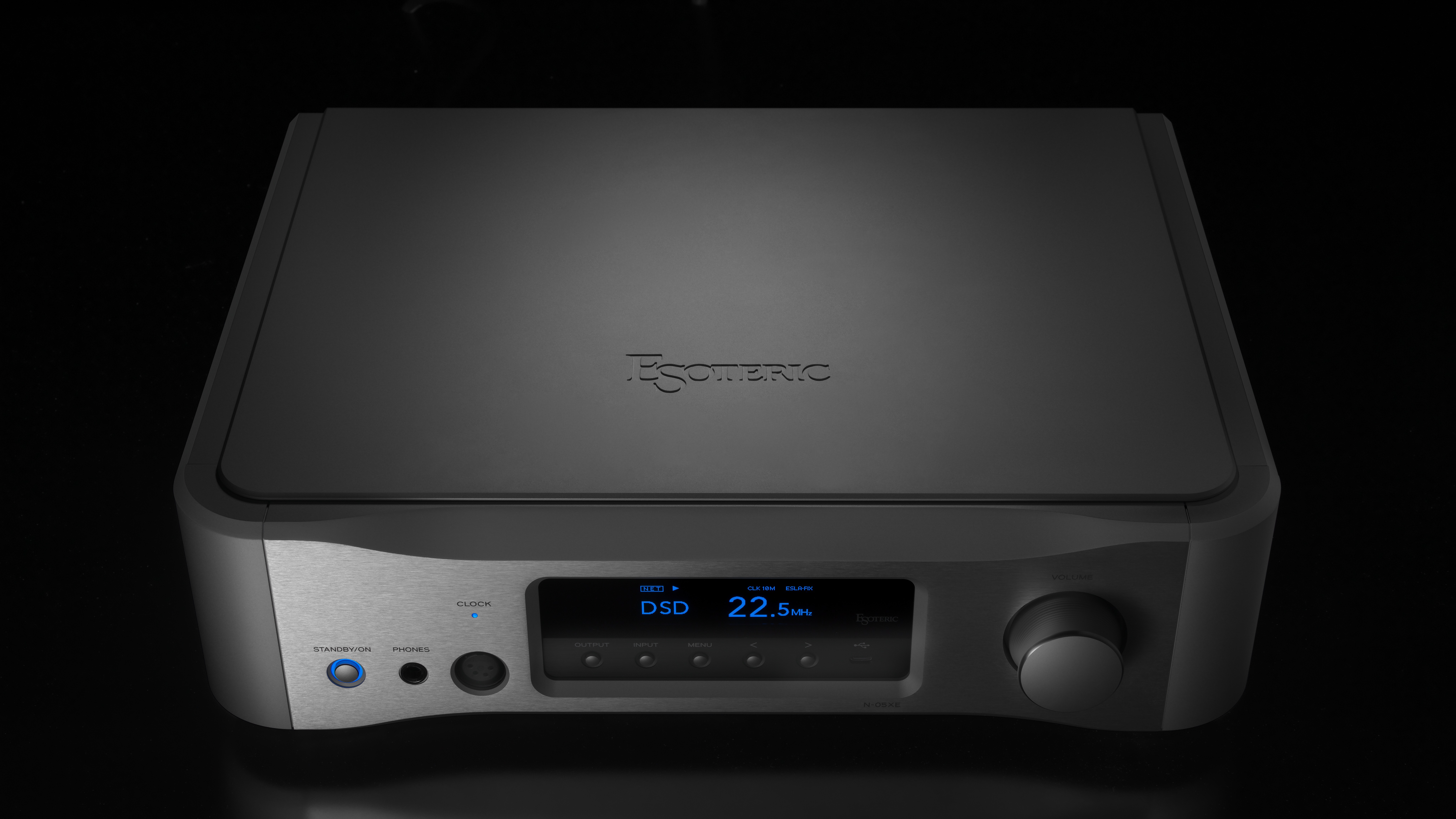 Esoteric N-05XE preamplifier in silver on a black background