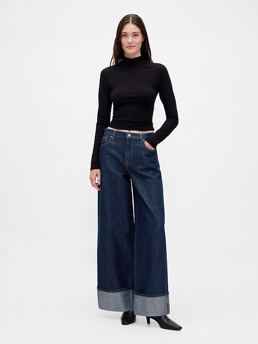 Mid Rise Metallic Cuffed Baggy Jeans
