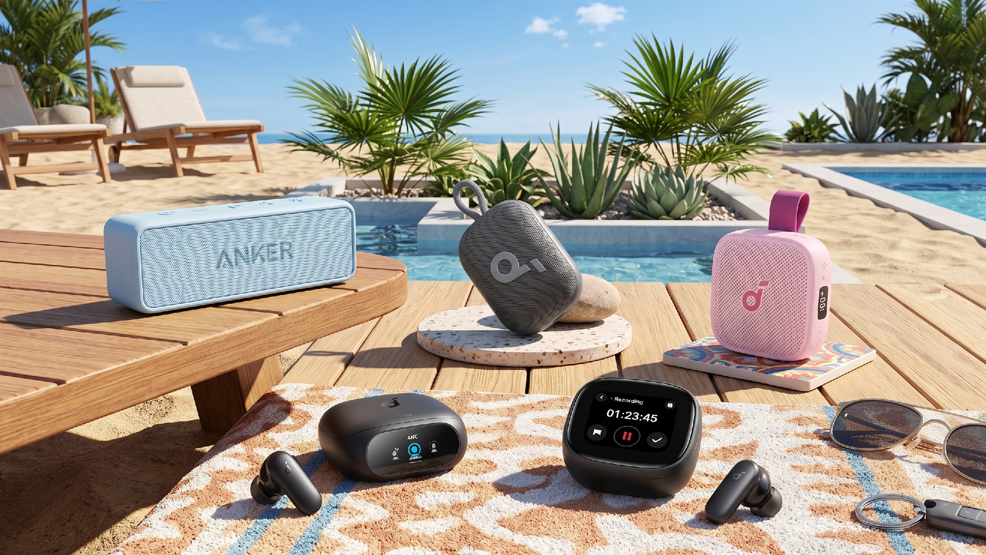 Collage of Anker devices laid out by pool deck