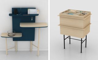 Two side-by-side photos of O CÉU furniture pieces. The first photo is of the deep teal and light wood ’Olá’ shelving unit with various items on it. And the second photo is of the light wood ’Collage’ sideboard with black legs and a top that features multiple compartments