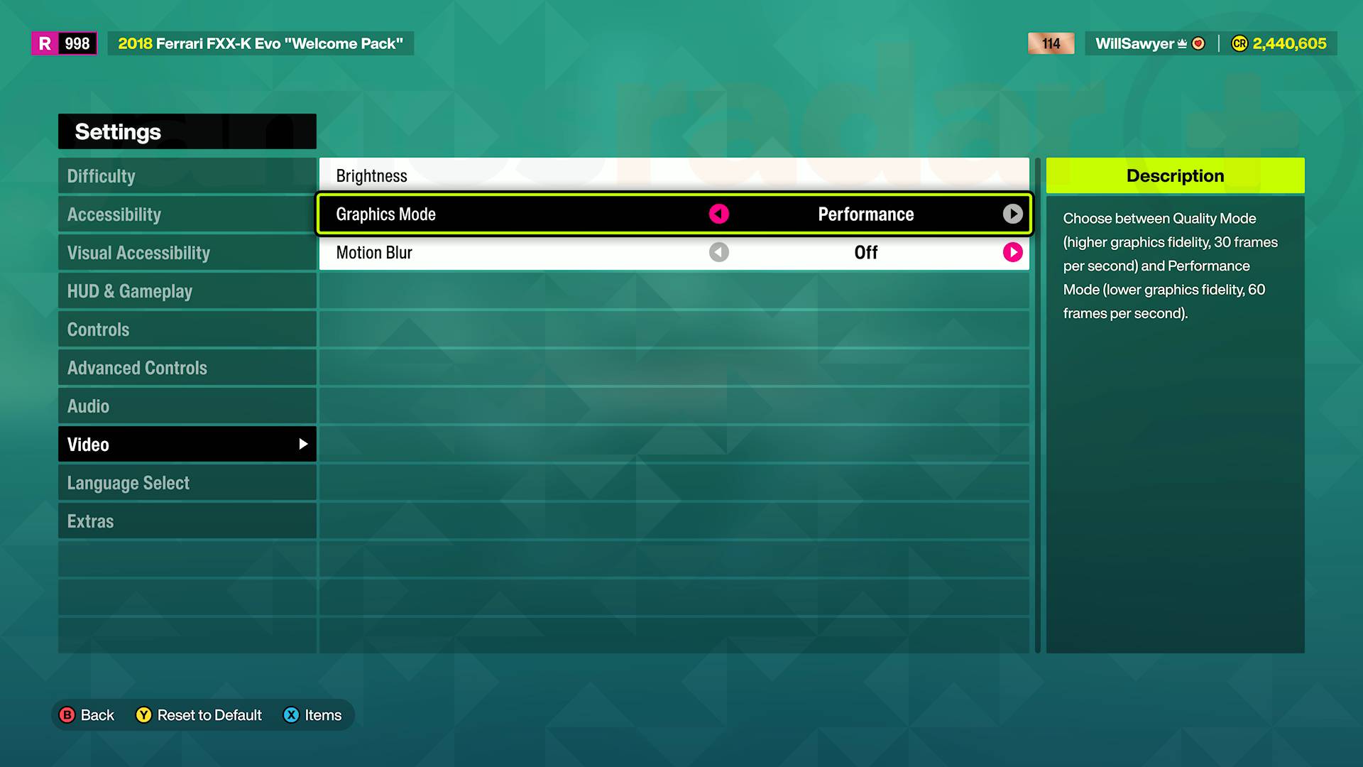 Forza Horizon 6 video settings menu with performance mode option highlighted