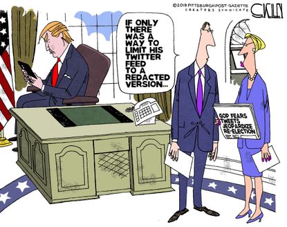 Political Cartoon U.S. Trump redacted tweets