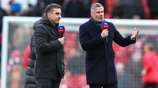 LIVERPOOL, ENGLAND - MARCH 05: Former players of both teams, Gary Neville and Jamie Carragher presenting Sky Sports from the middle of the pitch prior to the Premier League match between Liverpool FC and Manchester United at Anfield on March 5, 2023 in Liverpool, United Kingdom. (Photo by Robbie Jay Barratt - AMA/Getty Images)