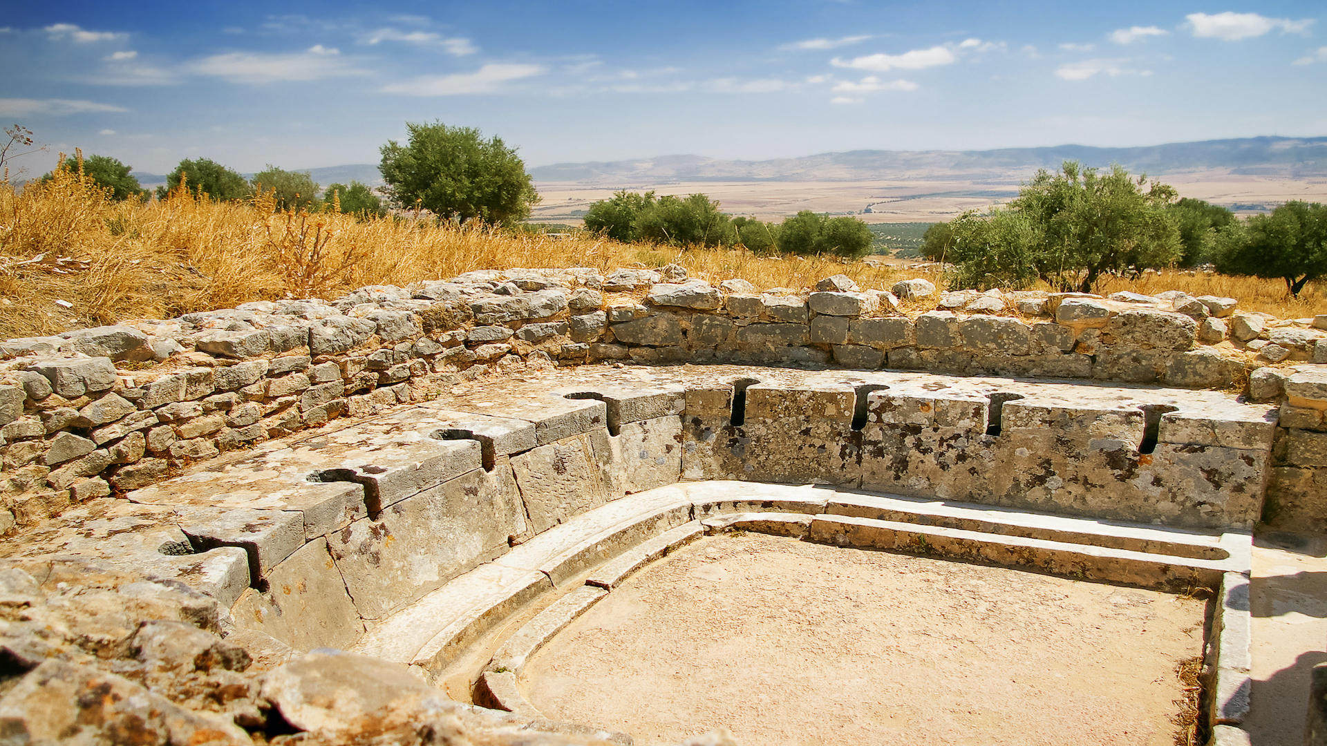 A photo of an ancient public toilet from Roman times. We see a curved stone bench with holes where people sat to do their business.