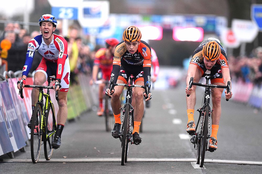 The podium sprint by Tim Merlier (Bel), Wout van Aert (Bel) and Laurens Sweeck
