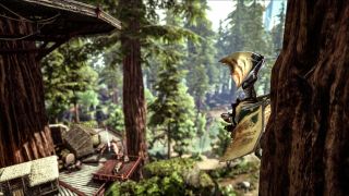 A player on a dinosaur climbing a tree in Ark