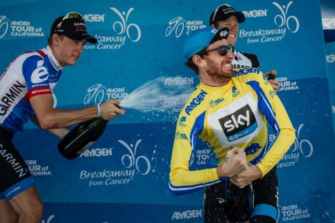 Bradley Wiggins leads the podium celebrations