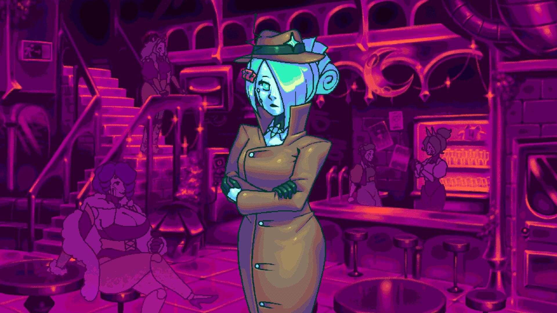 Minnie, a robot dressed like a film noir detective, against the backdrop of a robot bar