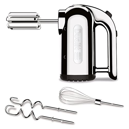 Dualit Hand Mixer Chrome - 400w - Strong Grip Handle - Attachments Included - Integral Plug Storage - 4 Speed Settings - Repairable Gears - Flat Beaters, Dough Hooks, Balloon Whisk